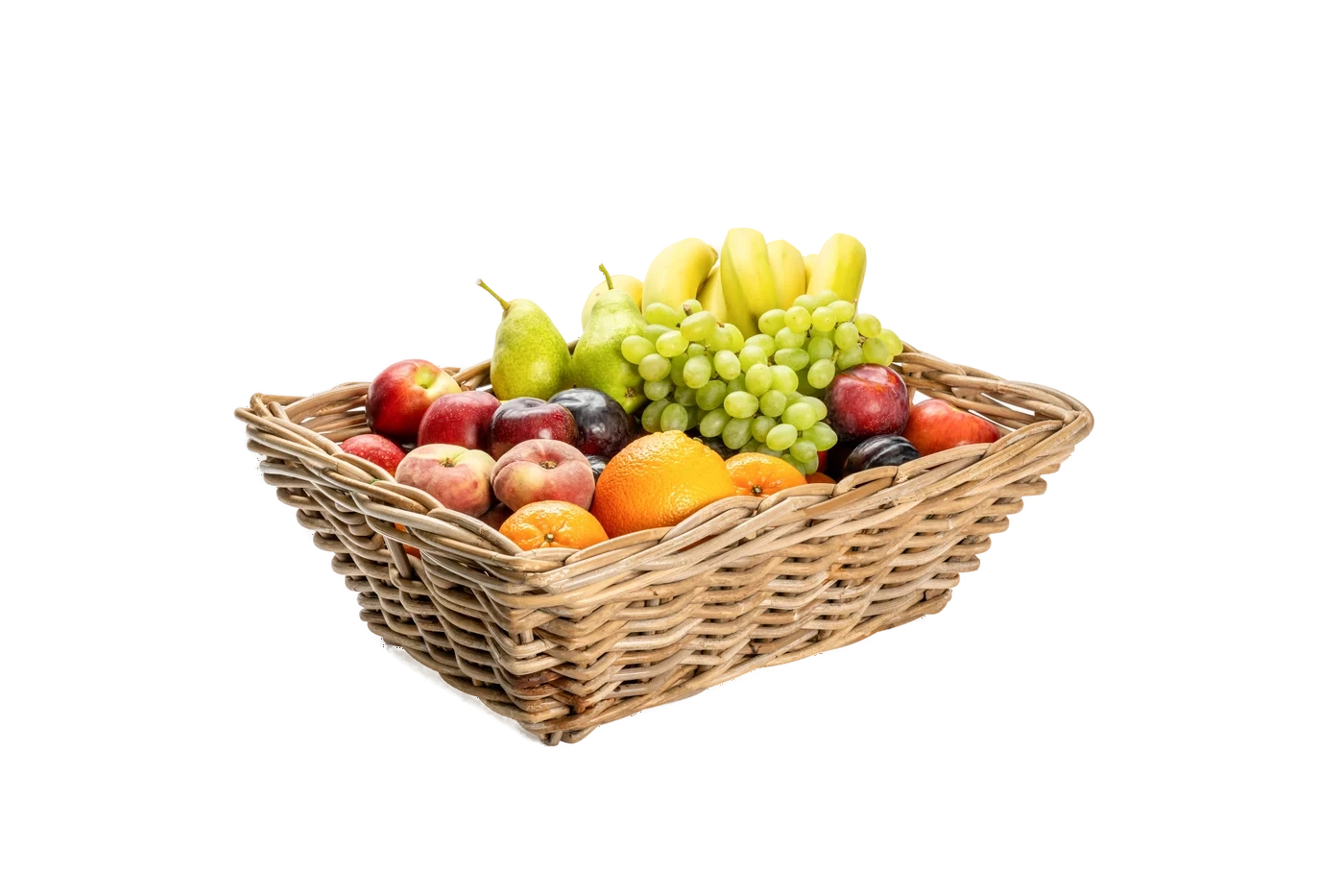 Panier Firmenfrüchte vu de côté avec pommes, bananes, raisins, poires & oranges