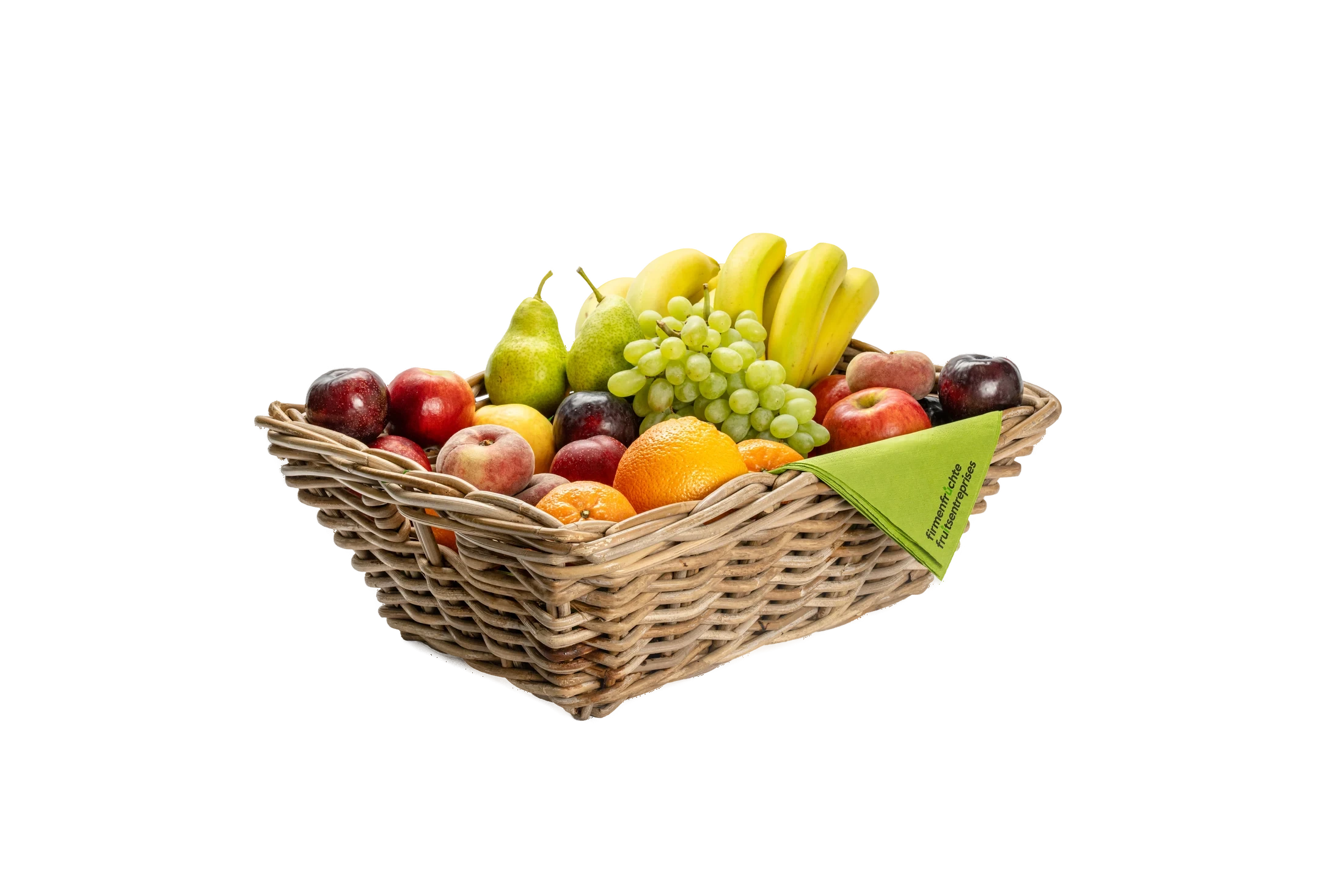 Panier en osier réutilisable Firmenfrüchte garni de fruits frais avec serviette brandée
